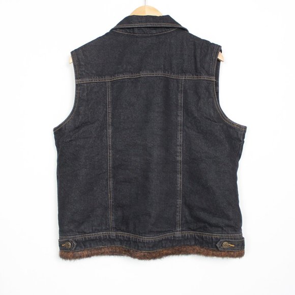 St. John's Bay Black Light-wash Denim Brown Faux Fur Trim Vest - Picture 2 of 14